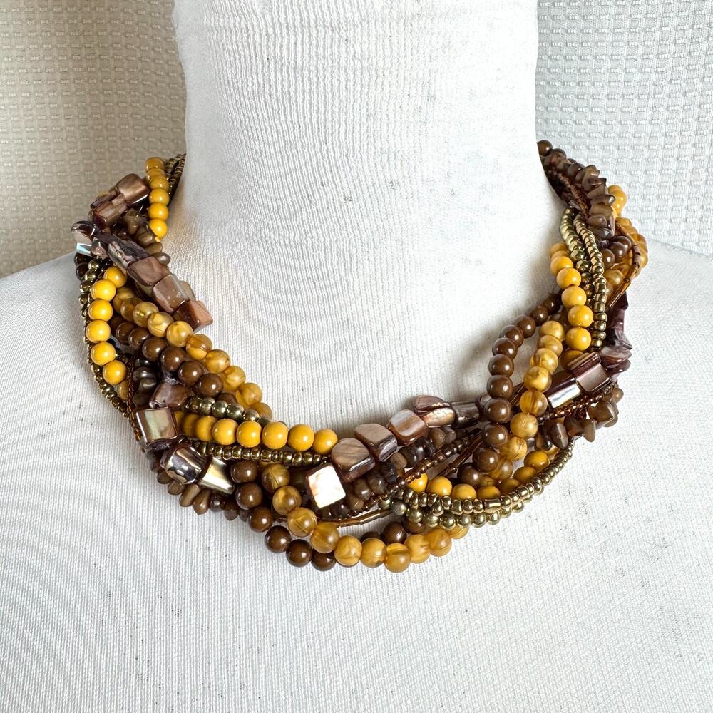Vintage Multi-Strand Arden Chocker Necklace Brown Mustard Glass Shell Bead NWT